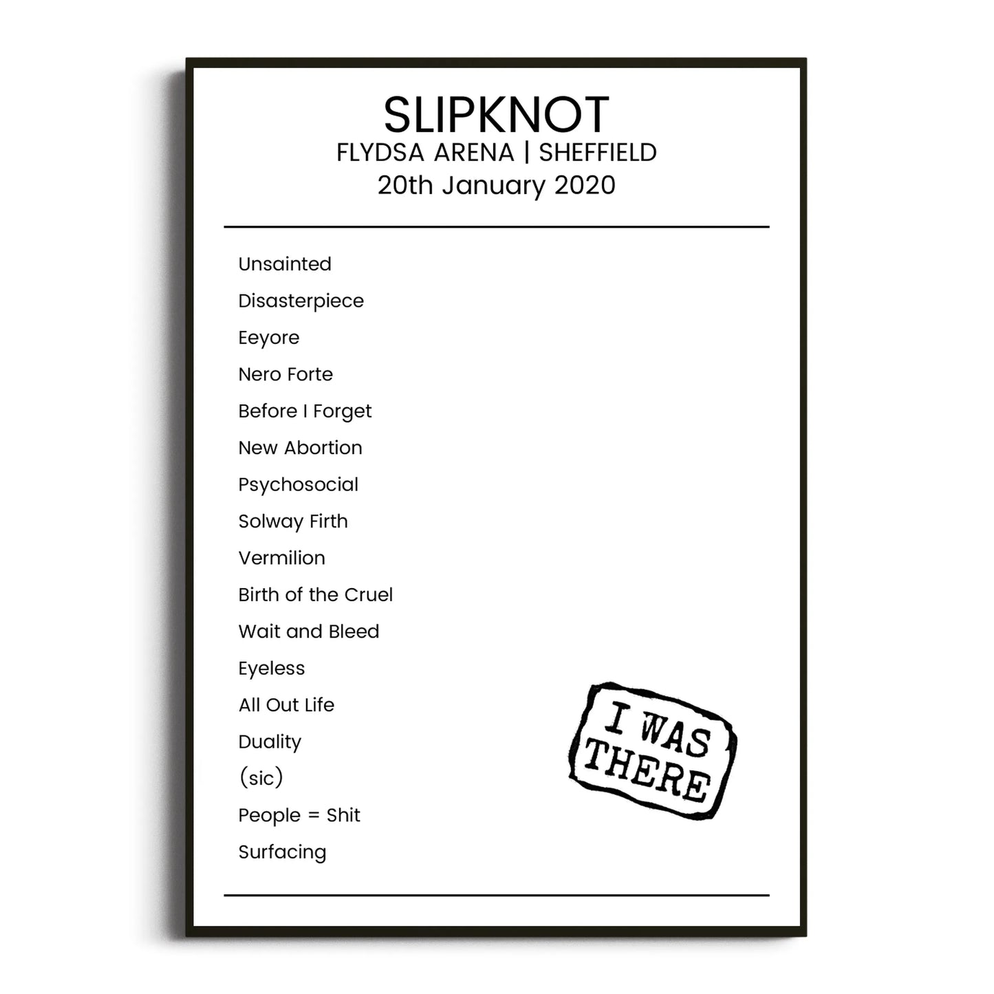 Slipknot Sheffield 20 January 2020 Setlist Poster