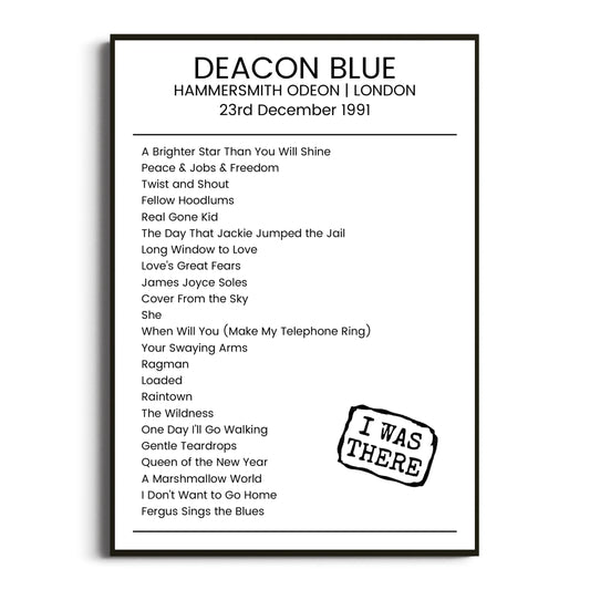 Deacon Blue London 23 December 1991 Setlist Poster