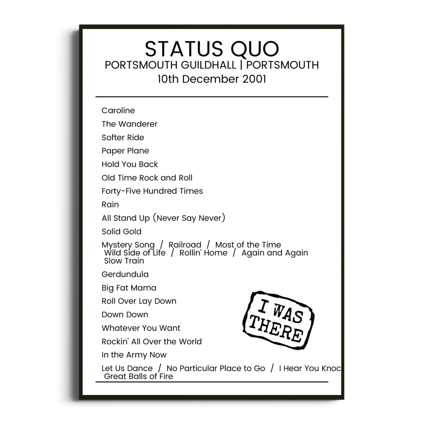 Status Quo Portsmouth 10 December 2001 Setlist Poster