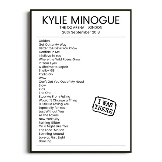 Kylie Minogue London 26 September 2018 Setlist Poster