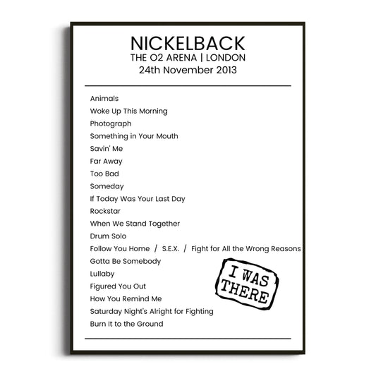 Nickelback London 24 November 2013 Setlist Poster