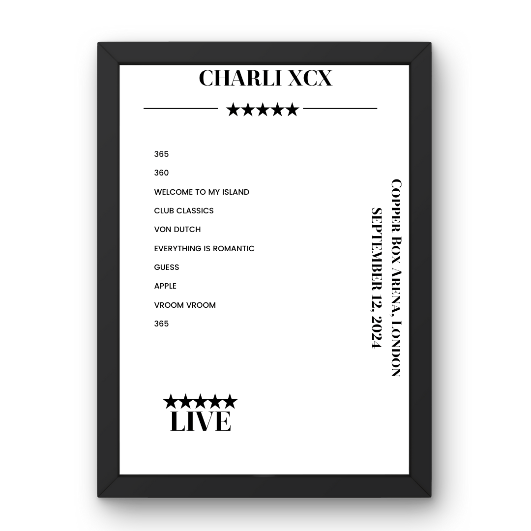 Charli XCX Copper Box Arena London 12 September 2024 Setlist Poster - Setlist