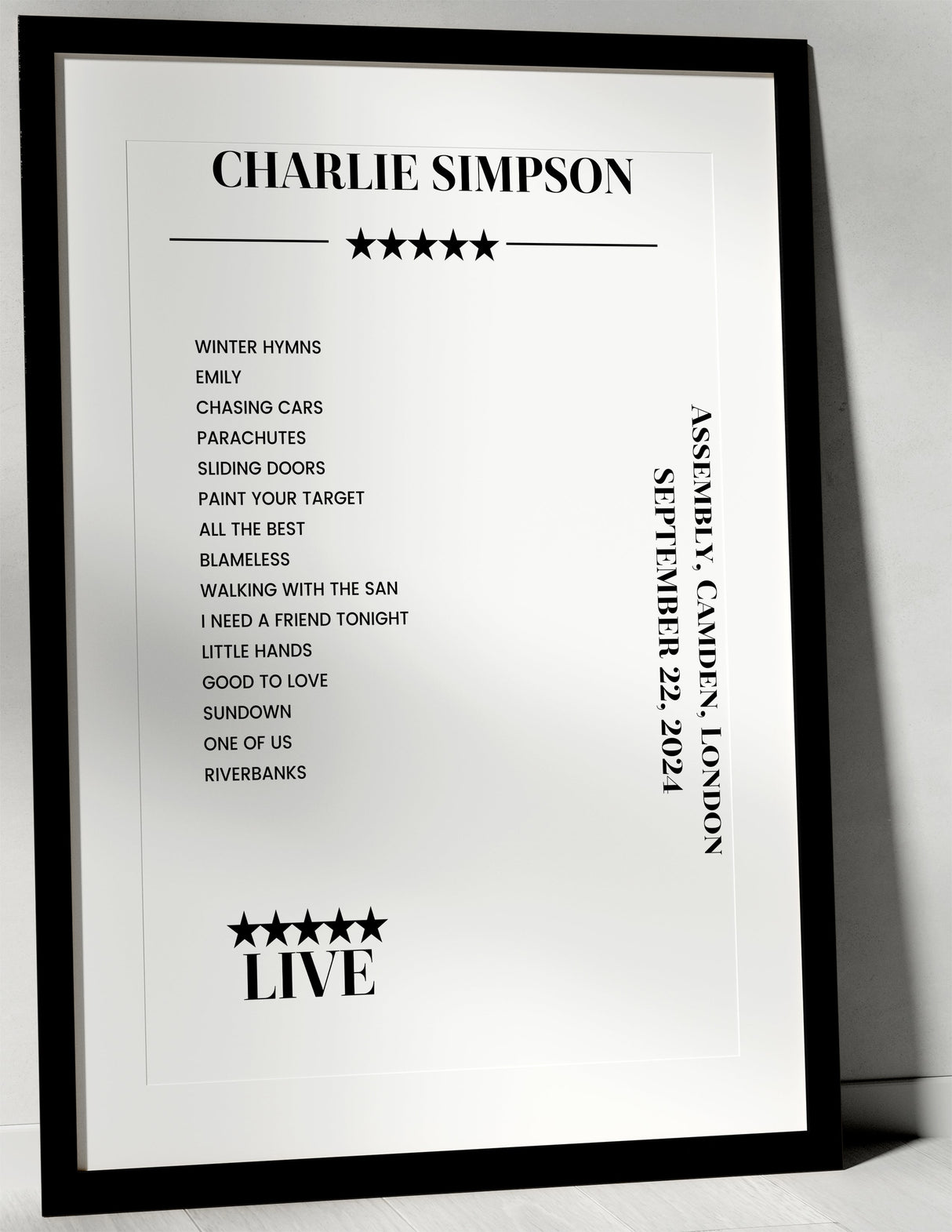 Charlie Simpson September 22, 2024 Assembly, Camden London Setlist Poster - Setlist