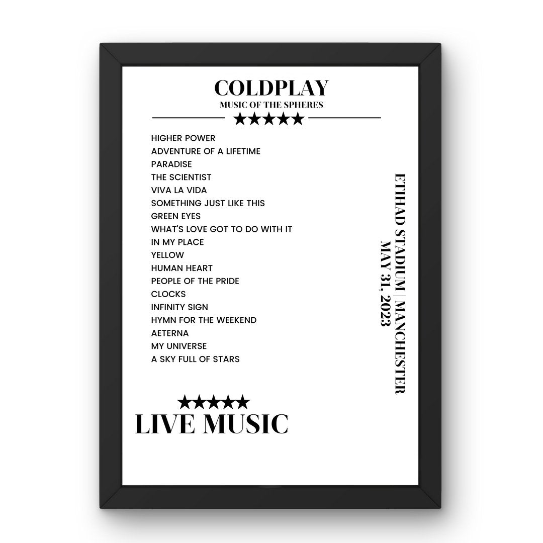 Coldplay Etihad Stadium Manchester 31 May 2023 Setlist Poster - Setlist