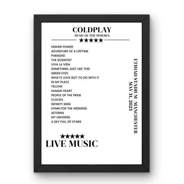 Coldplay Etihad Stadium Manchester 31 May 2023 Setlist Poster - Setlist