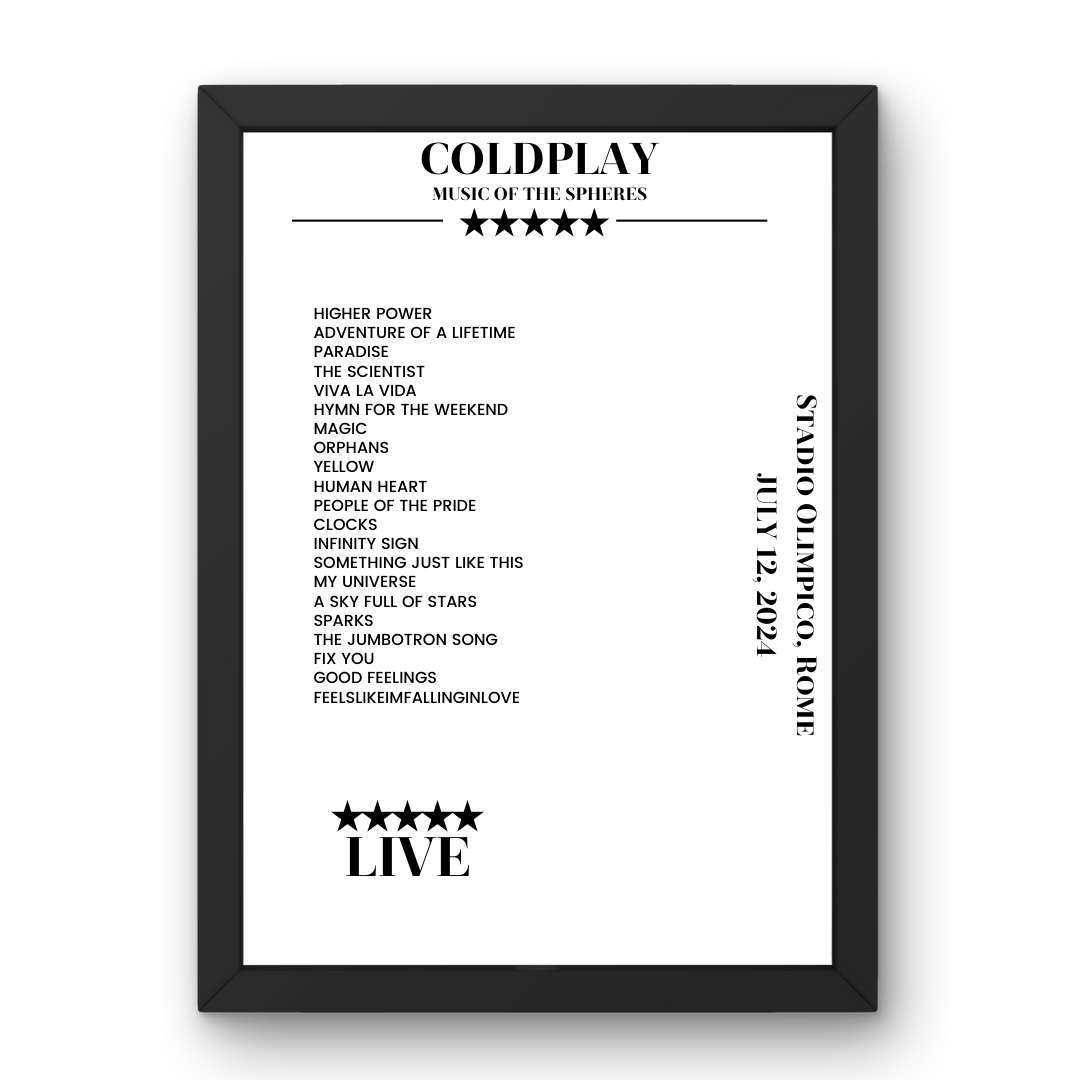 Coldplay July 12, 2024 Stadio Olimpico Rome Setlist Poster - Setlist