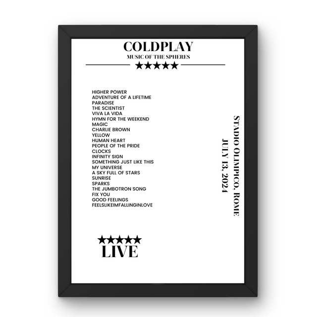 Coldplay July 13, 2024 Stadio Olimpico Rome Setlist Poster - Setlist