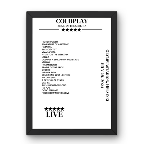 Coldplay July 28, 2024 Olympiastadion Helsinki Setlist Poster - Setlist