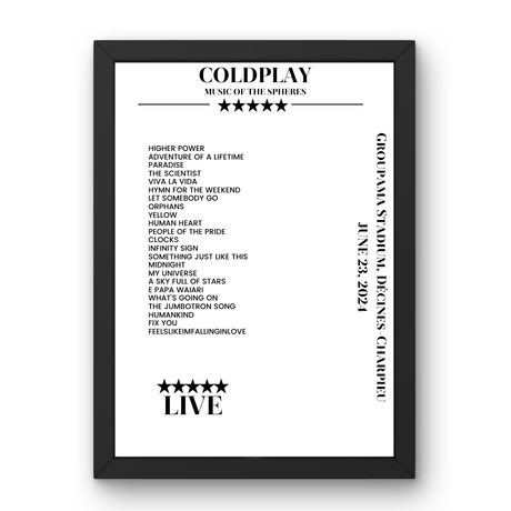 Coldplay June 23, 2024 Groupama Stadium Décines - Charpieu Setlist Poster - Setlist