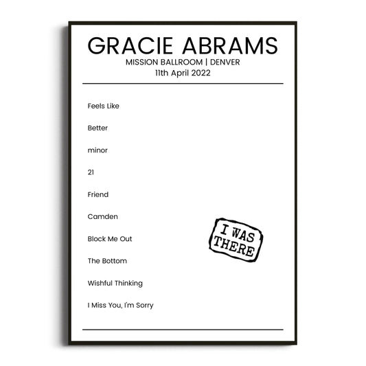 Gracie Abrams Denver 11 April 2022 Setlist Poster