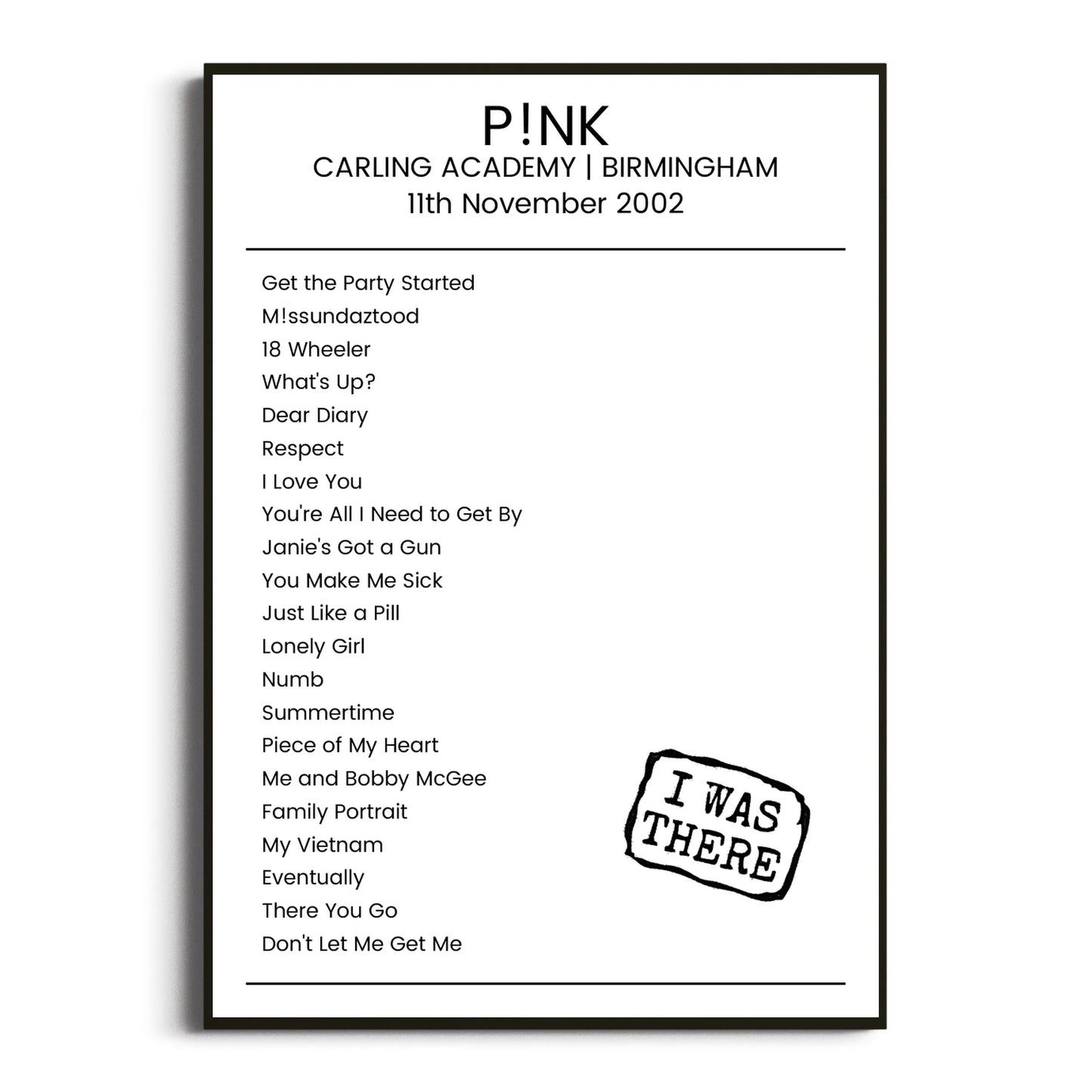 P!nk Birmingham 11 November 2002 Setlist Poster