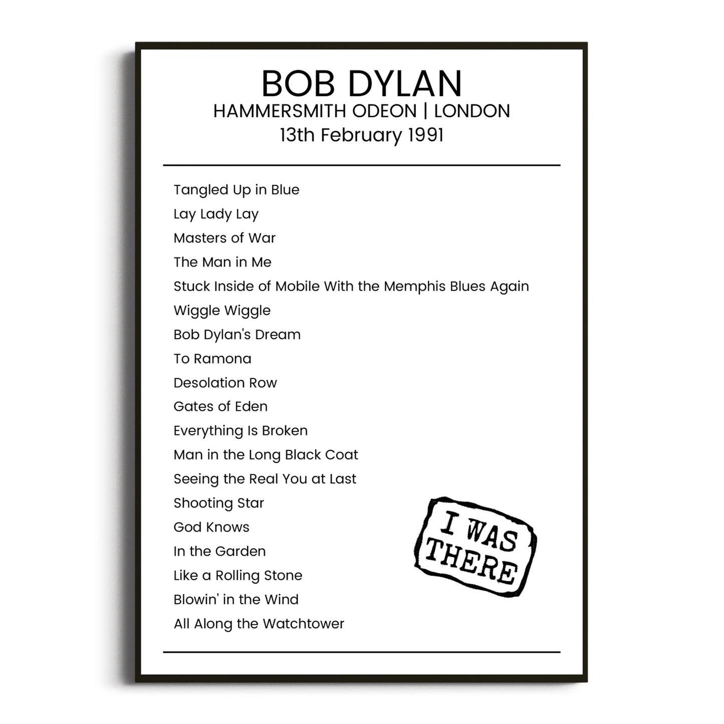 Bob Dylan London 13 February 1991 Setlist Poster