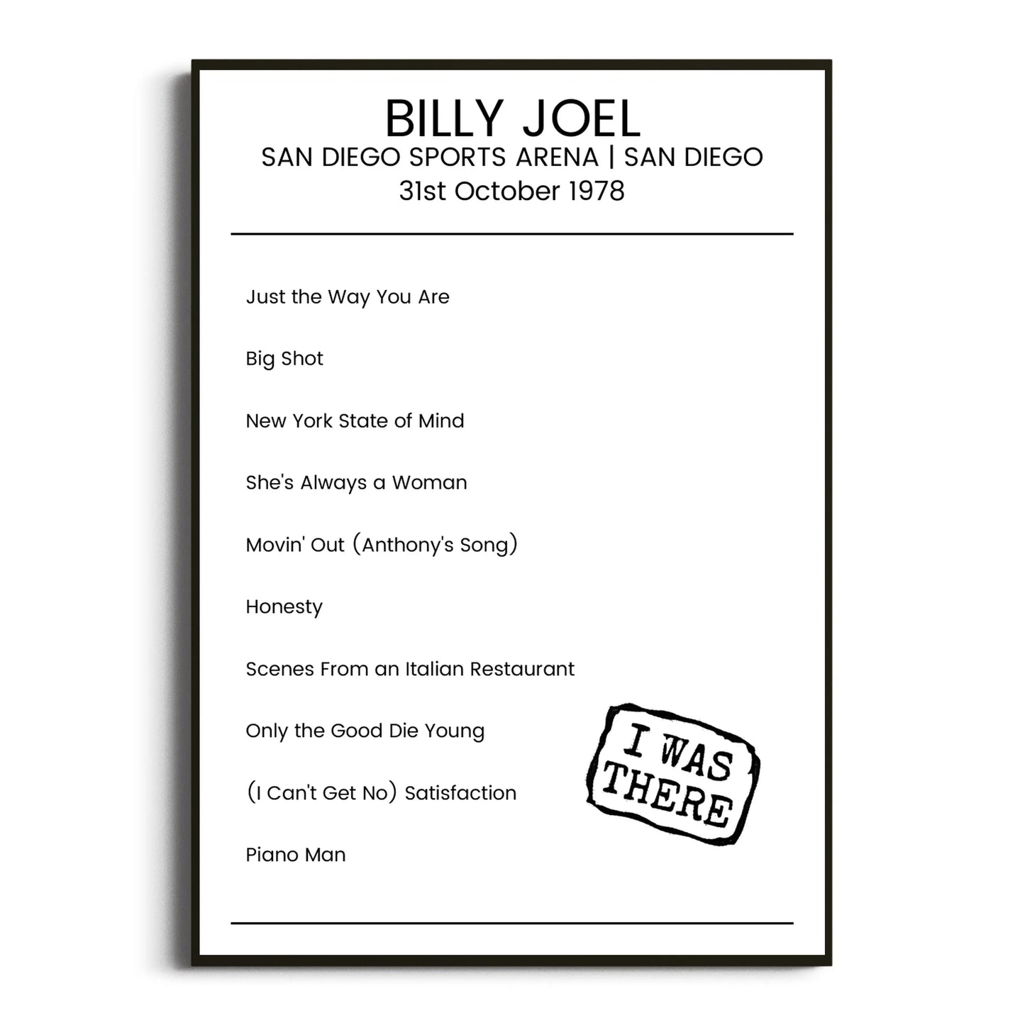 Billy Joel San Diego 31 October 1978 Setlist Poster