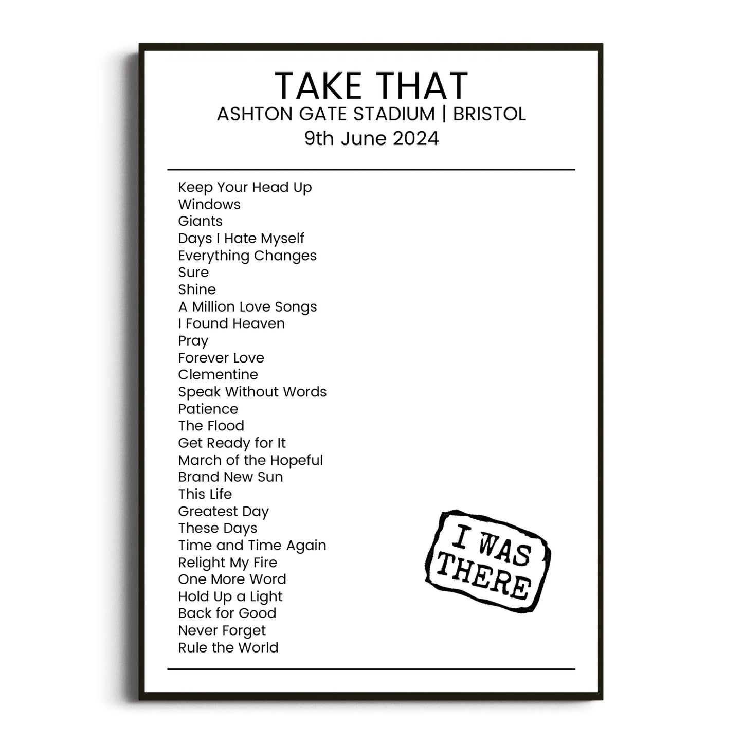 Take That Bristol 09 June 2024 Setlist Poster