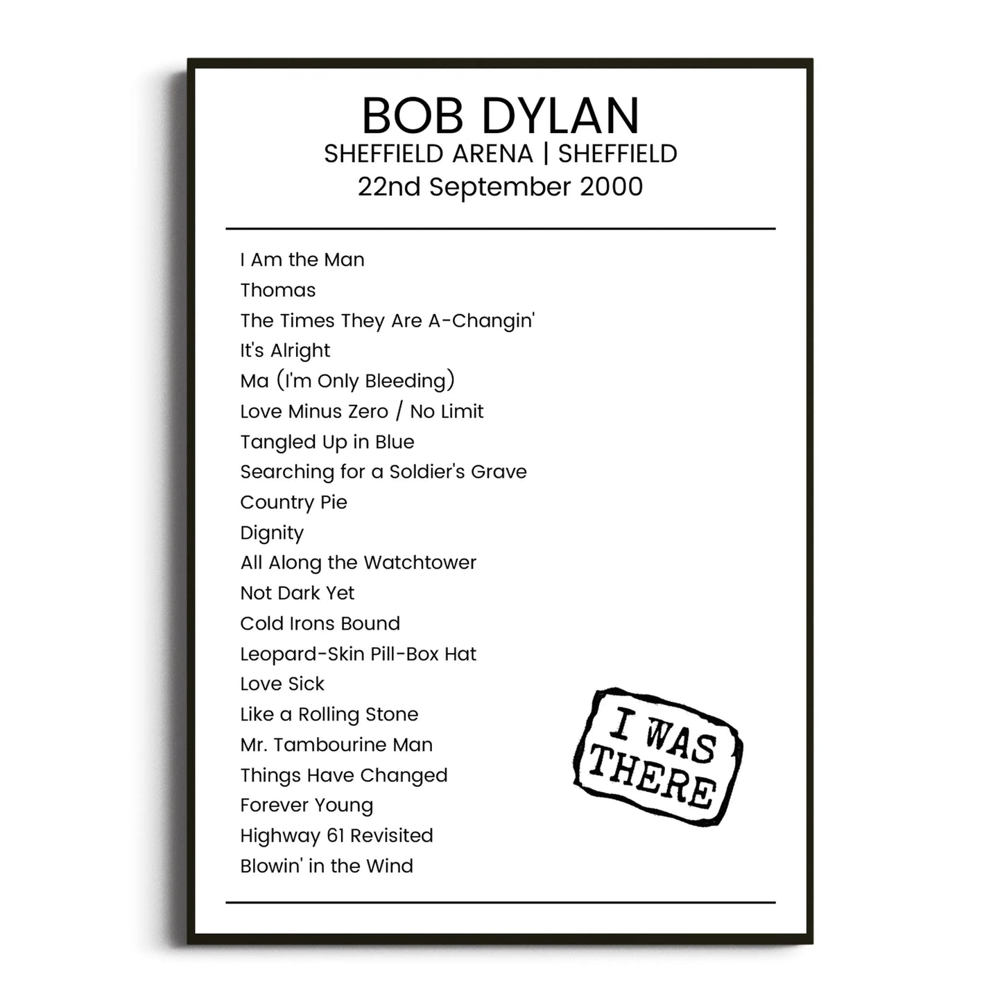 Bob Dylan Sheffield 22 September 2000 Setlist Poster