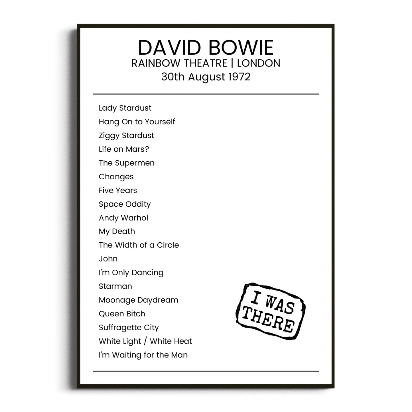 David Bowie London 30 August 1972 Setlist Poster