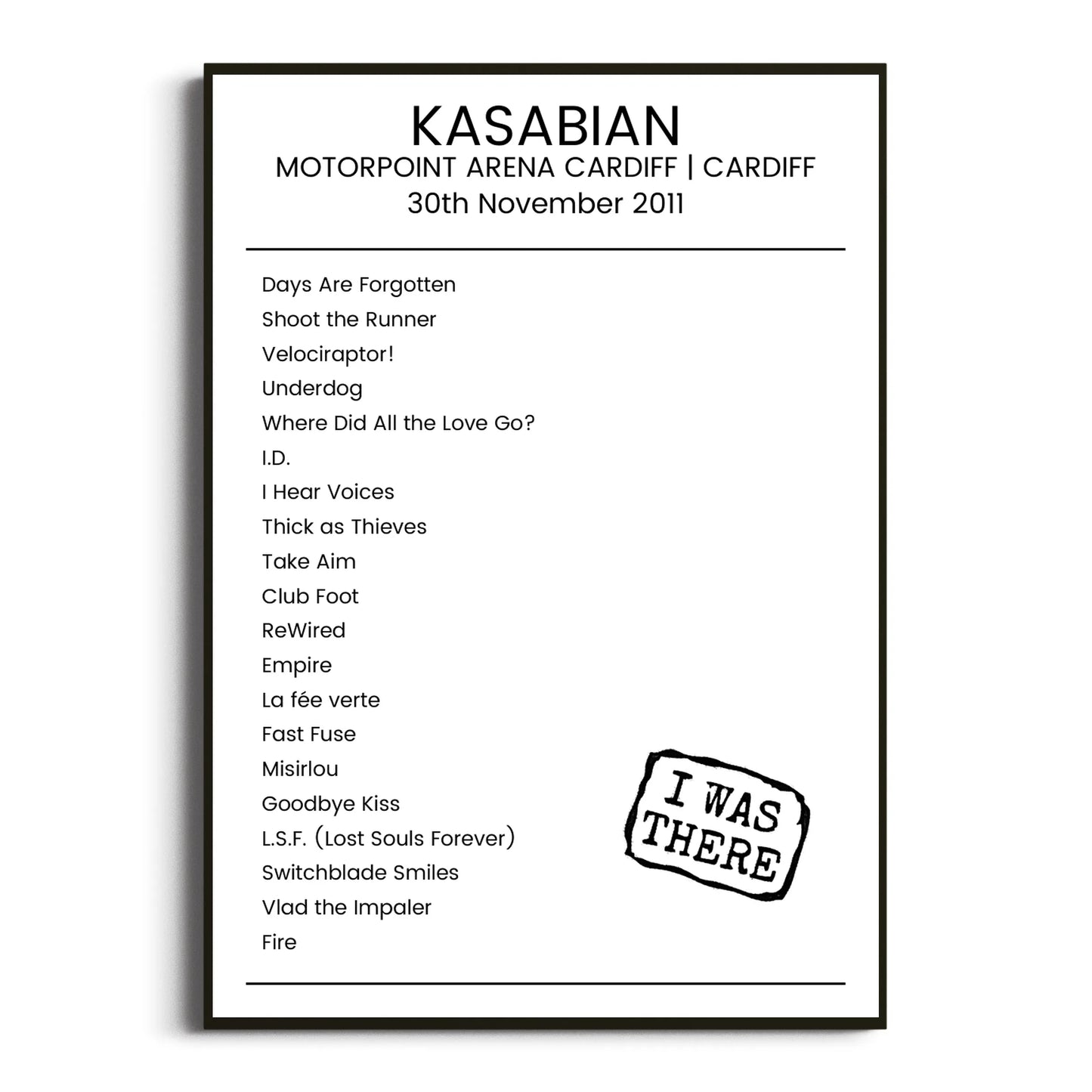 Kasabian Cardiff 30 November 2011 Setlist Poster