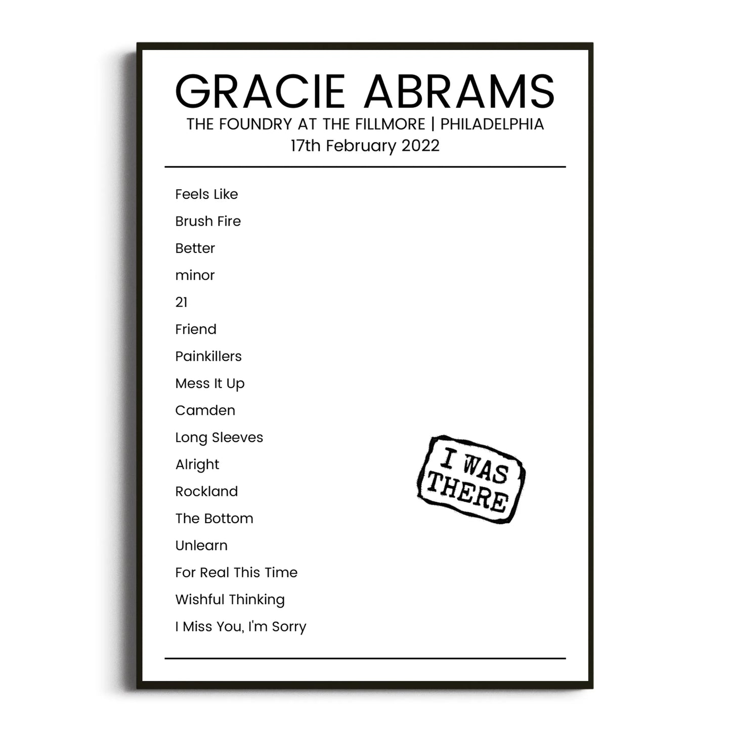 Gracie Abrams Philadelphia 17 February 2022 Setlist Poster