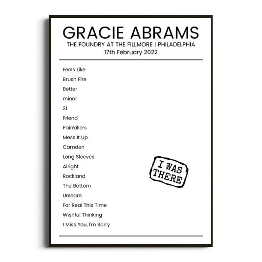 Gracie Abrams Philadelphia 17 February 2022 Setlist Poster