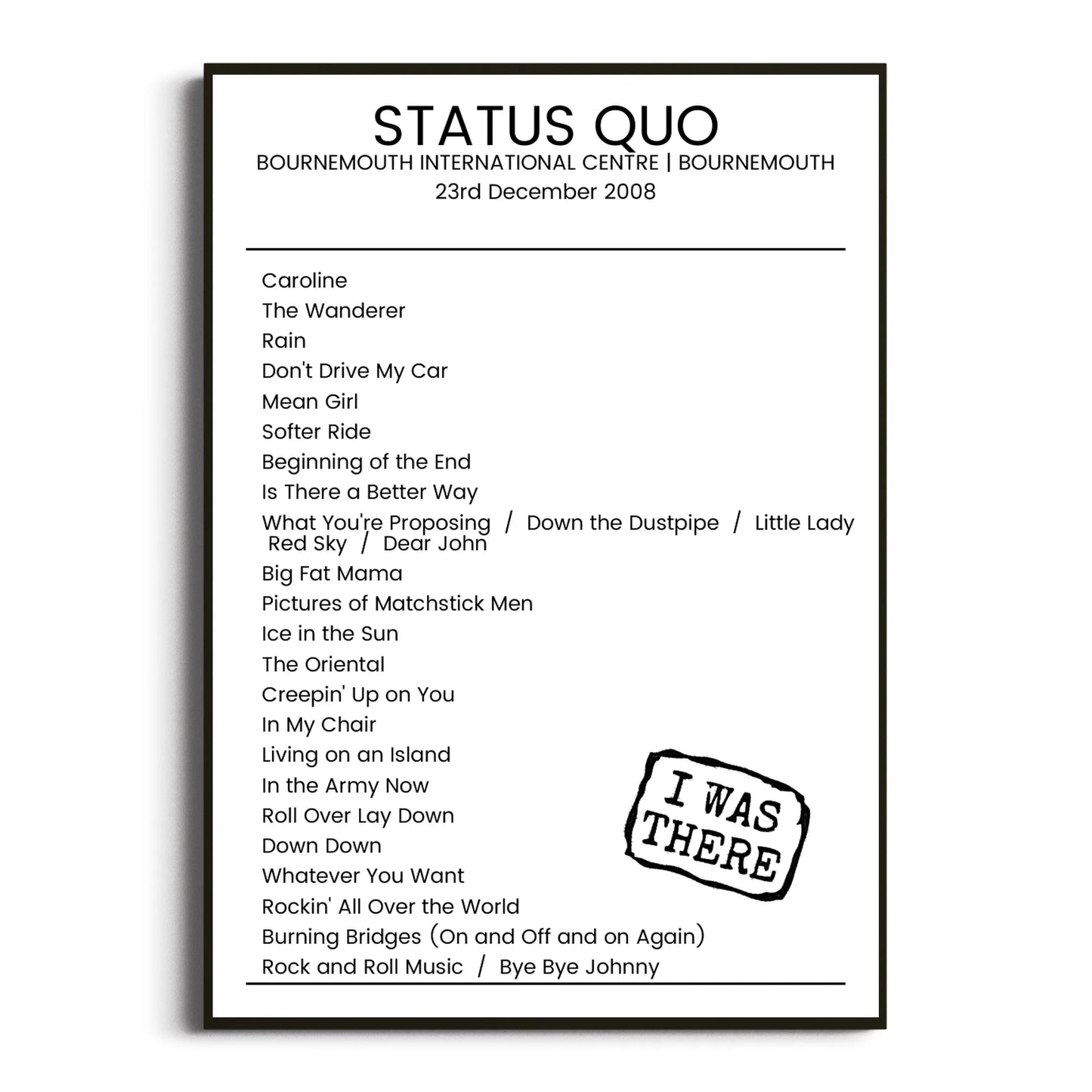 Status Quo Bournemouth 23 December 2008 Setlist Poster