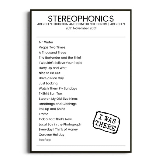 Stereophonics Aberdeen 26 November 2001 Setlist Poster