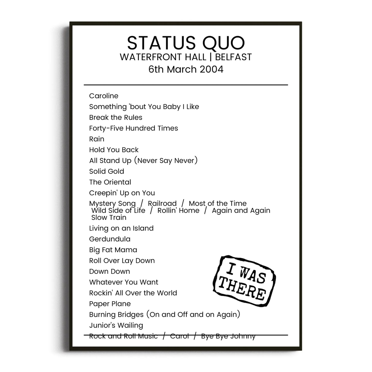 Status Quo Belfast 06 March 2004 Setlist Poster