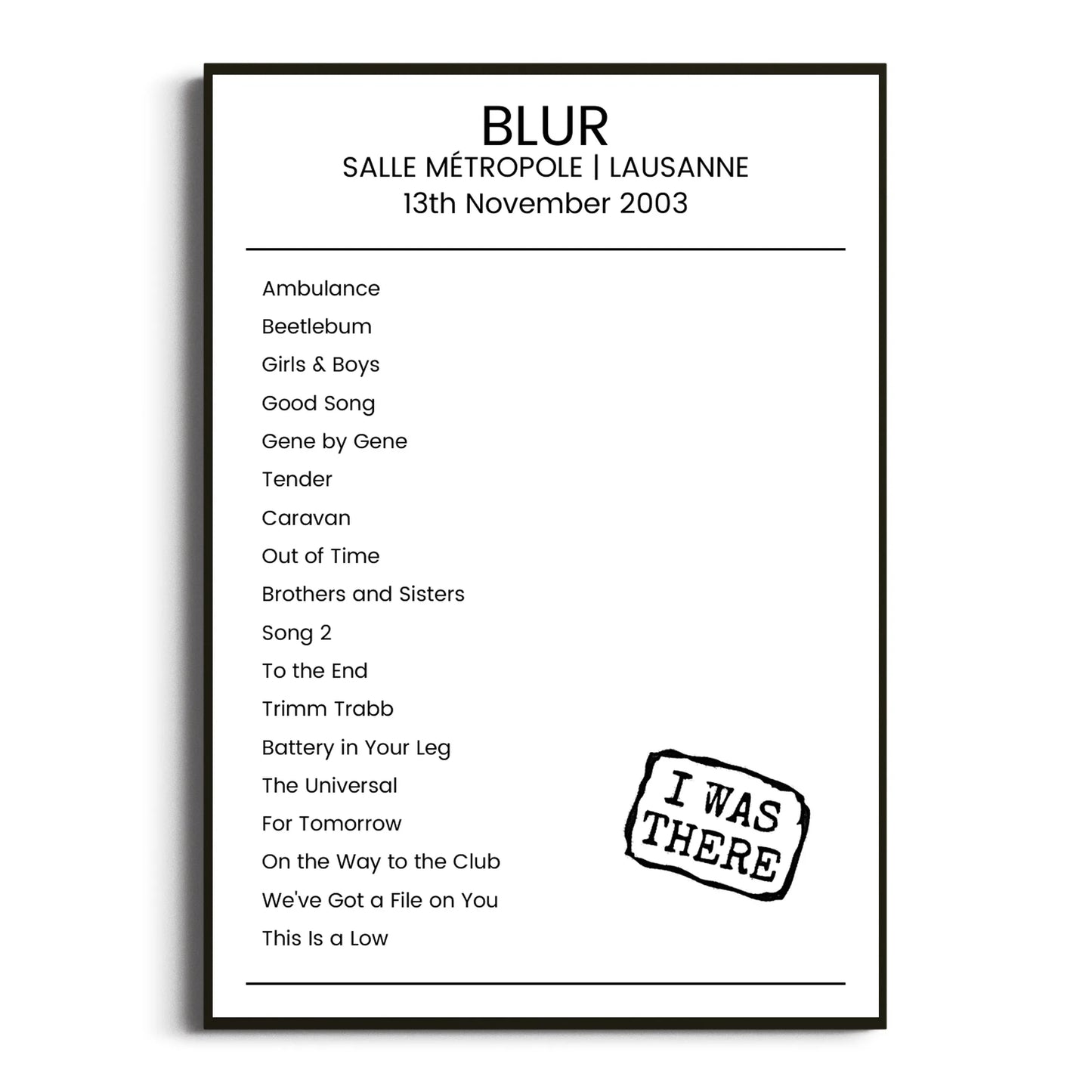 Blur Lausanne 13 November 2003 Setlist Poster