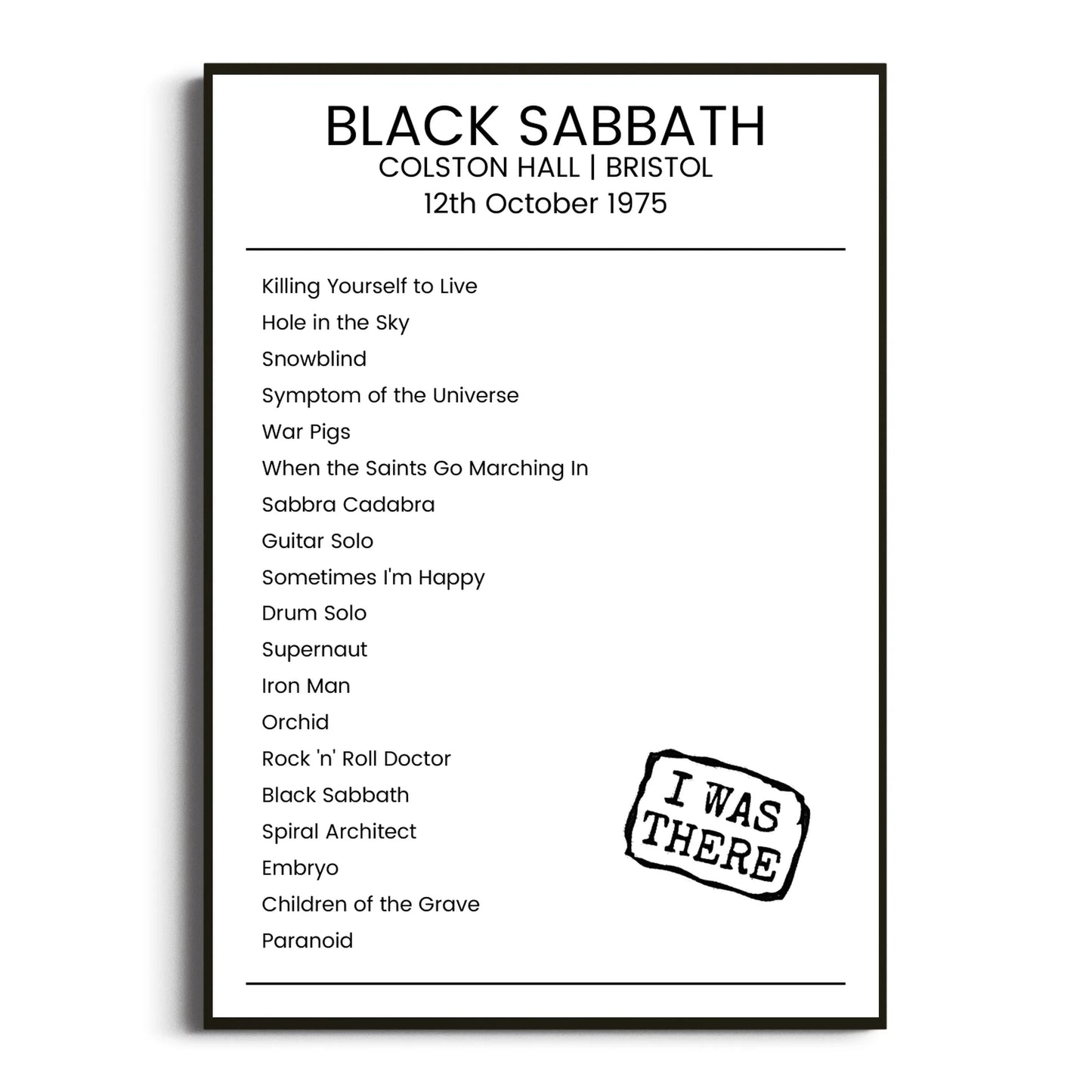 Black Sabbath Bristol 12 October 1975 Setlist Poster