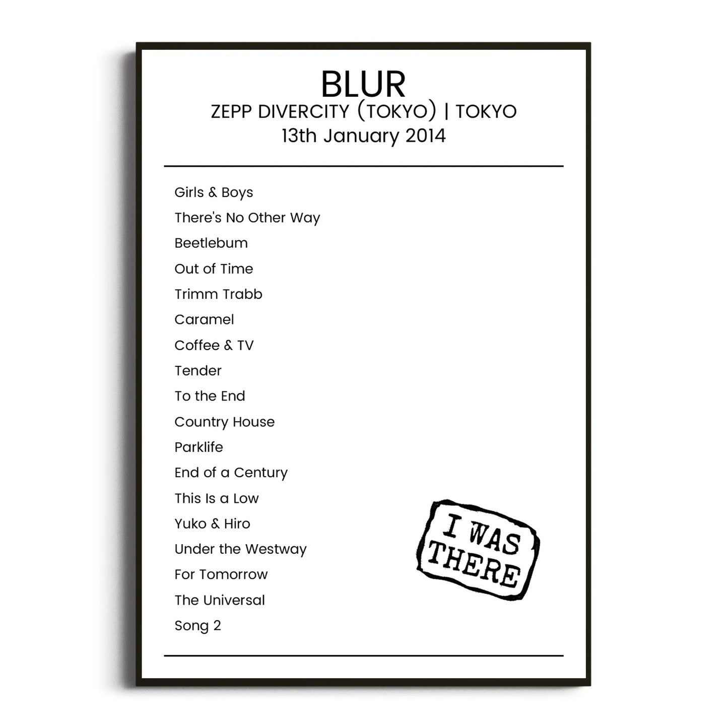 Blur Tokyo 13 January 2014 Setlist Poster