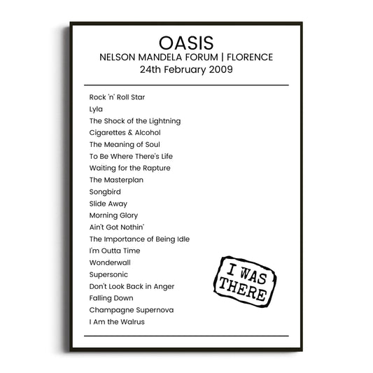 Oasis Florence 24 February 2009 Setlist Poster