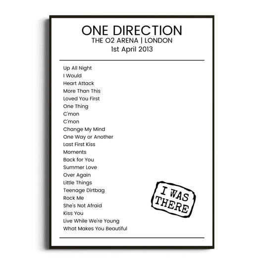 One Direction London 01 April 2013 Setlist Poster