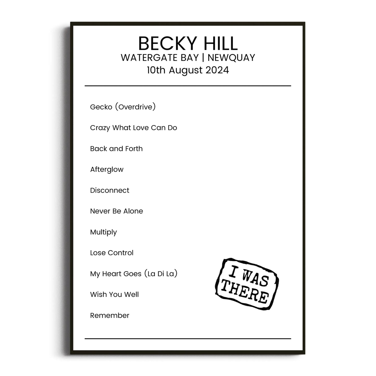 Becky Hill Newquay 10 August 2024 Setlist Poster