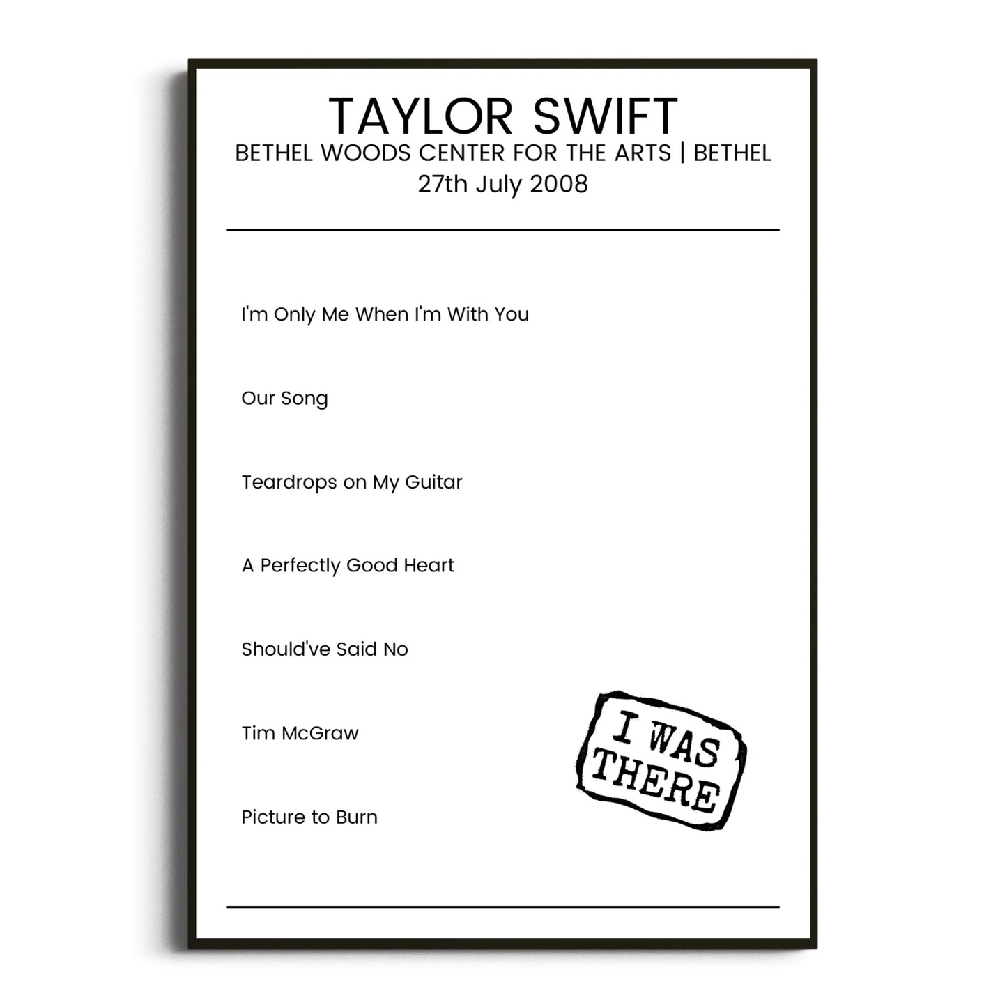 Taylor Swift Bethel 27 July 2008 Setlist Poster