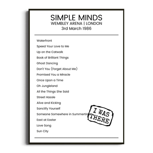 Simple Minds London 03 March 1986 Setlist Poster