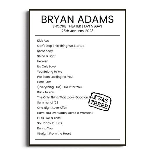 Bryan Adams Las Vegas 25 January 2023 Setlist Poster