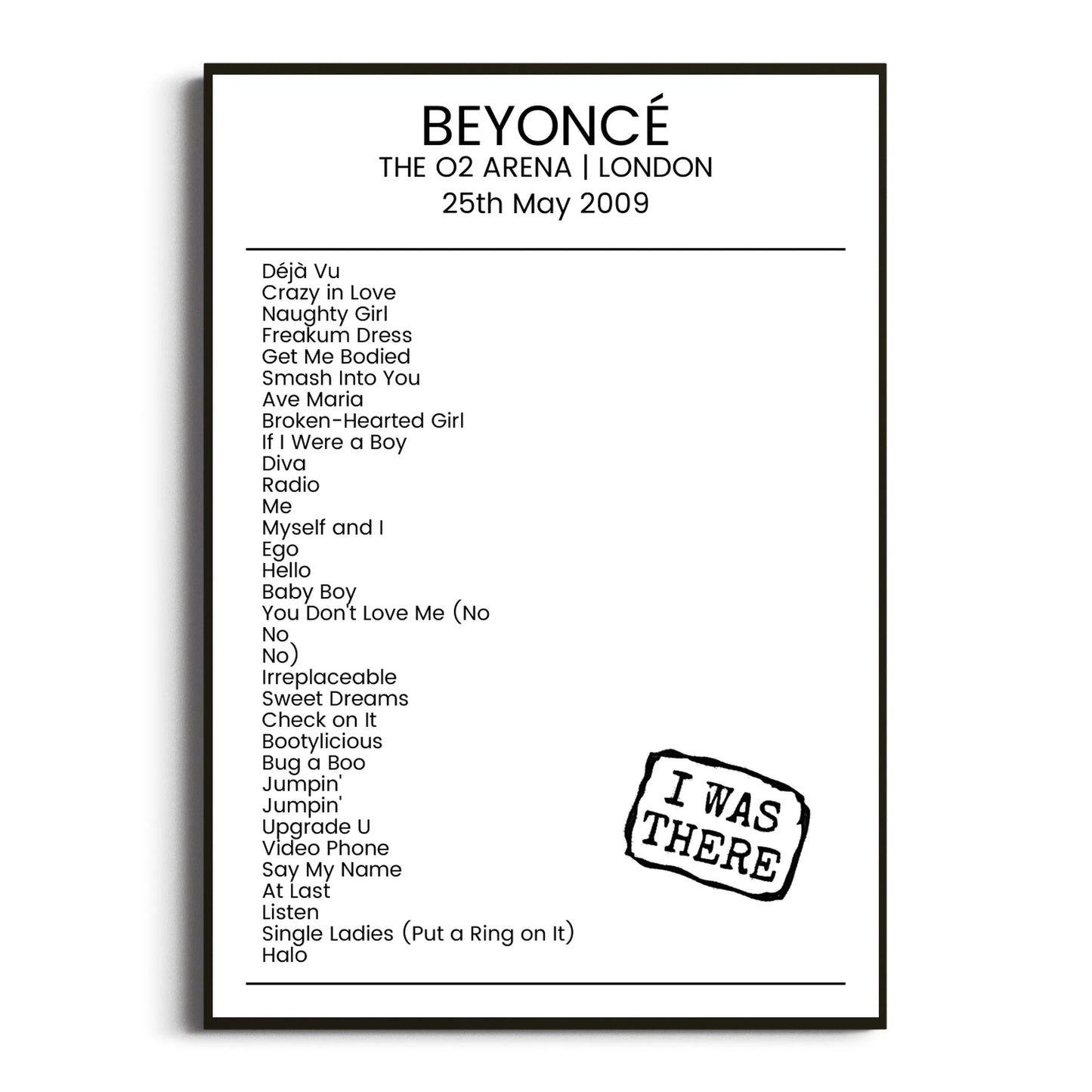 Beyoncé London 25 May 2009 Setlist Poster