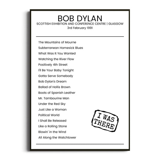 Bob Dylan Glasgow 03 February 1991 Setlist Poster