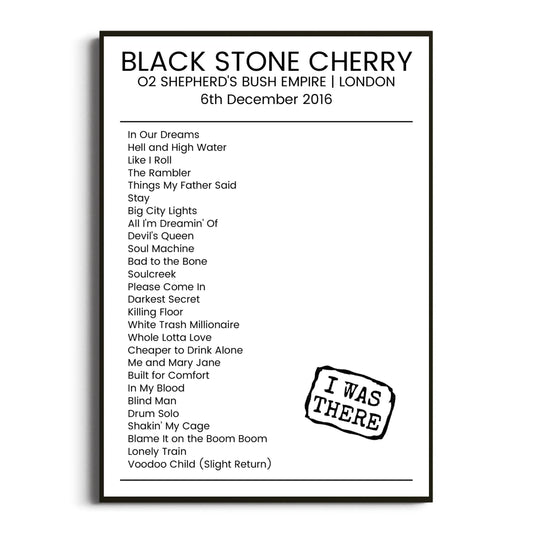 Black Stone Cherry London 06 December 2016 Setlist Poster