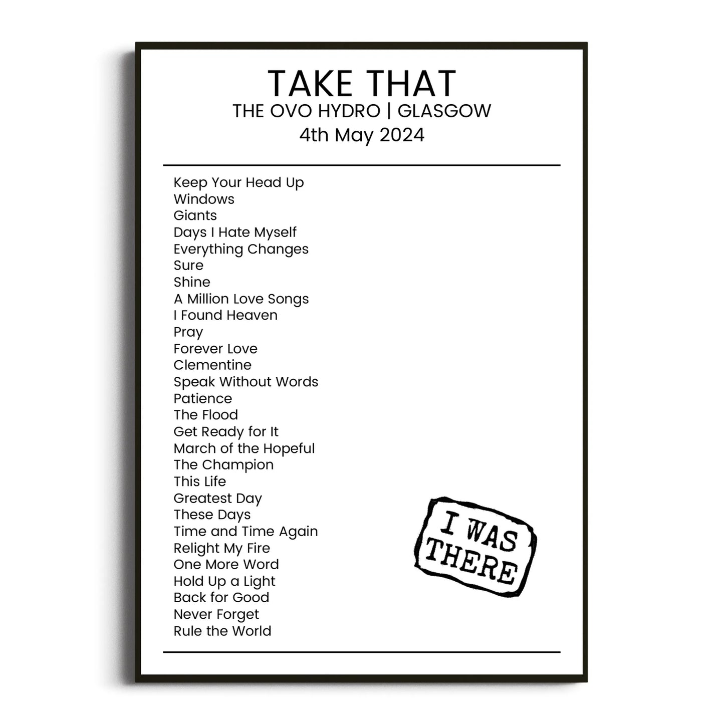 Take That Glasgow 04 May 2024 Setlist Poster