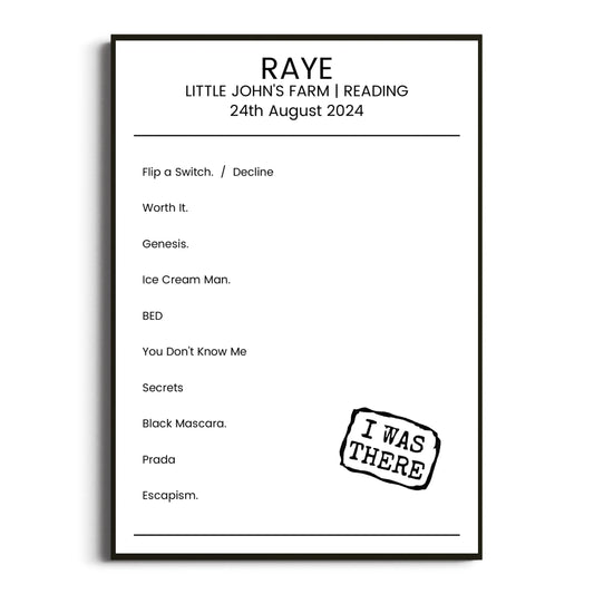 RAYE Reading 24 August 2024 Setlist Poster