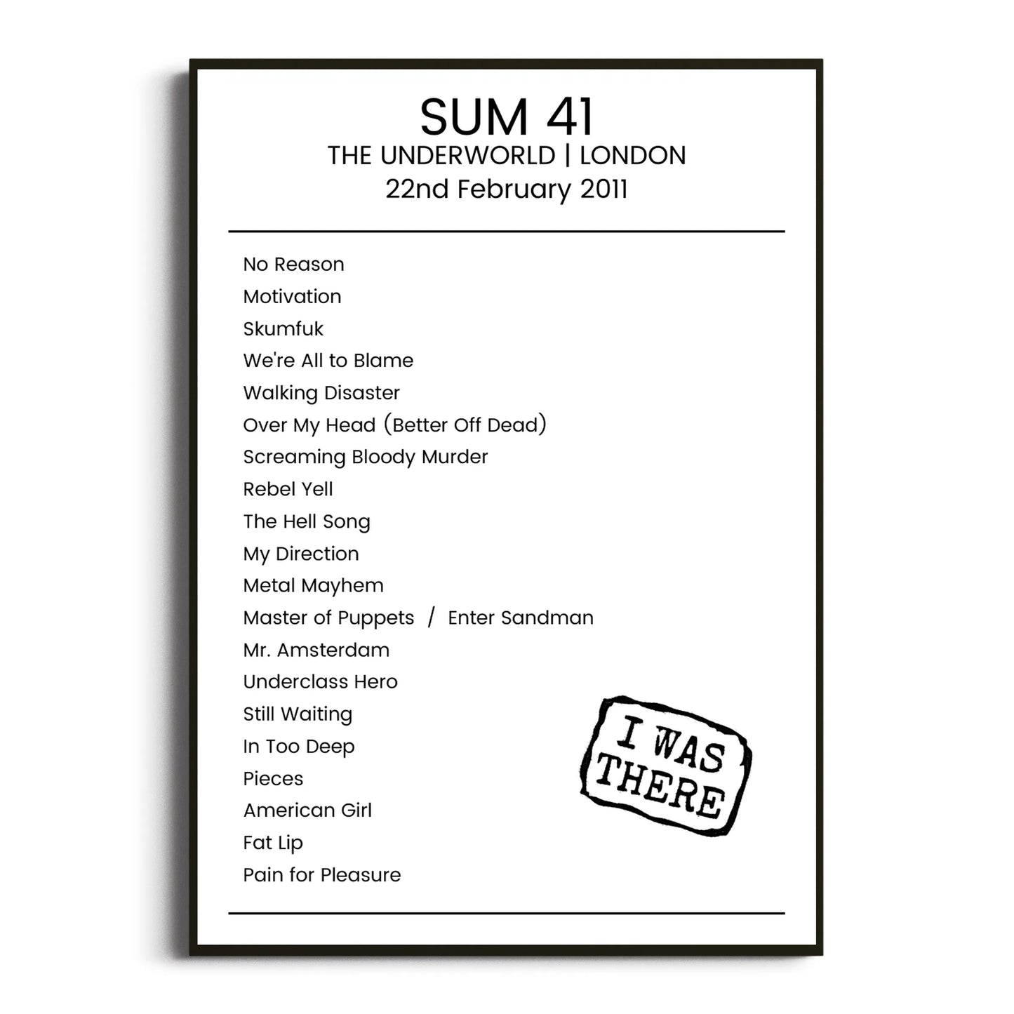 Sum 41 London 22 February 2011 Setlist Poster