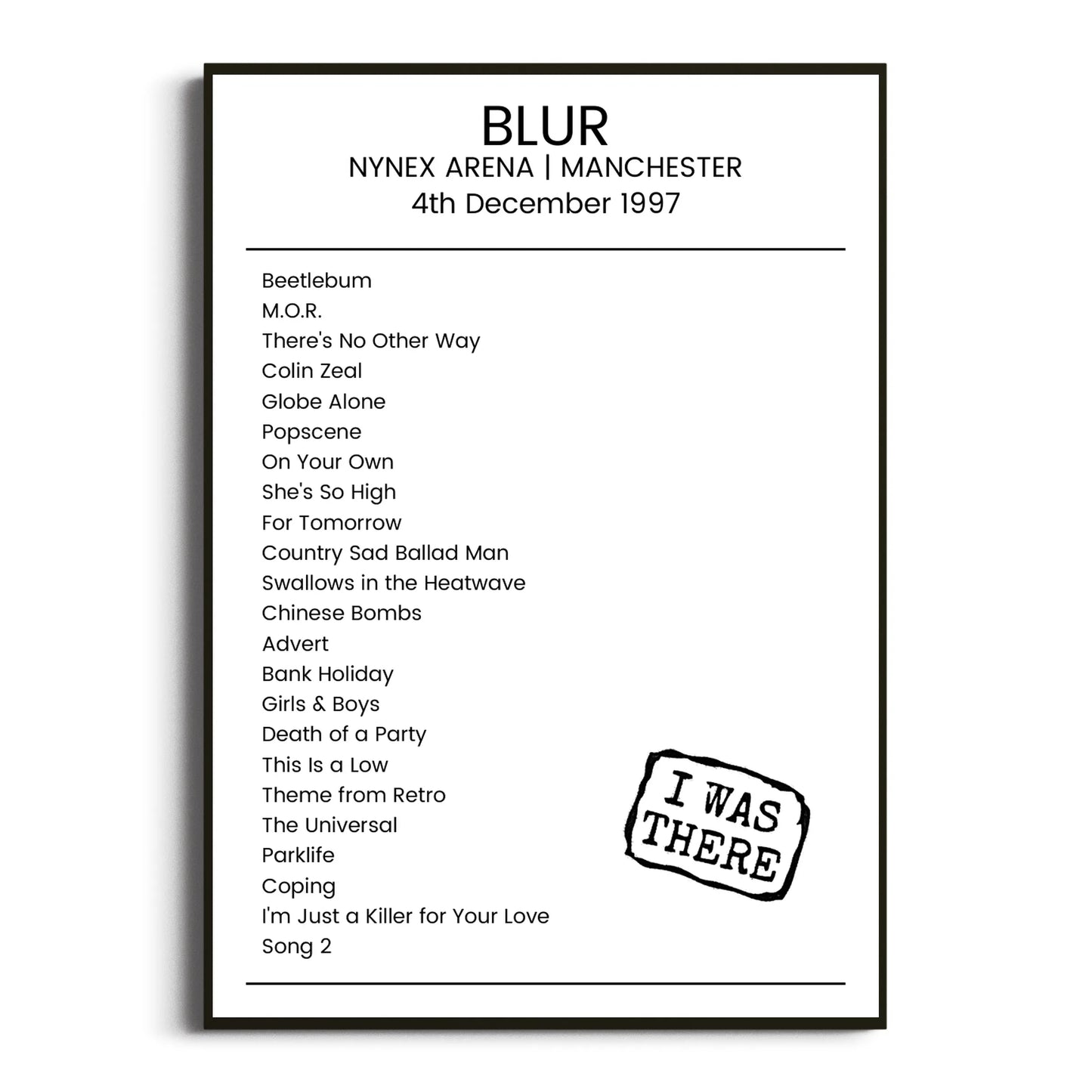 Blur Manchester 04 December 1997 Setlist Poster