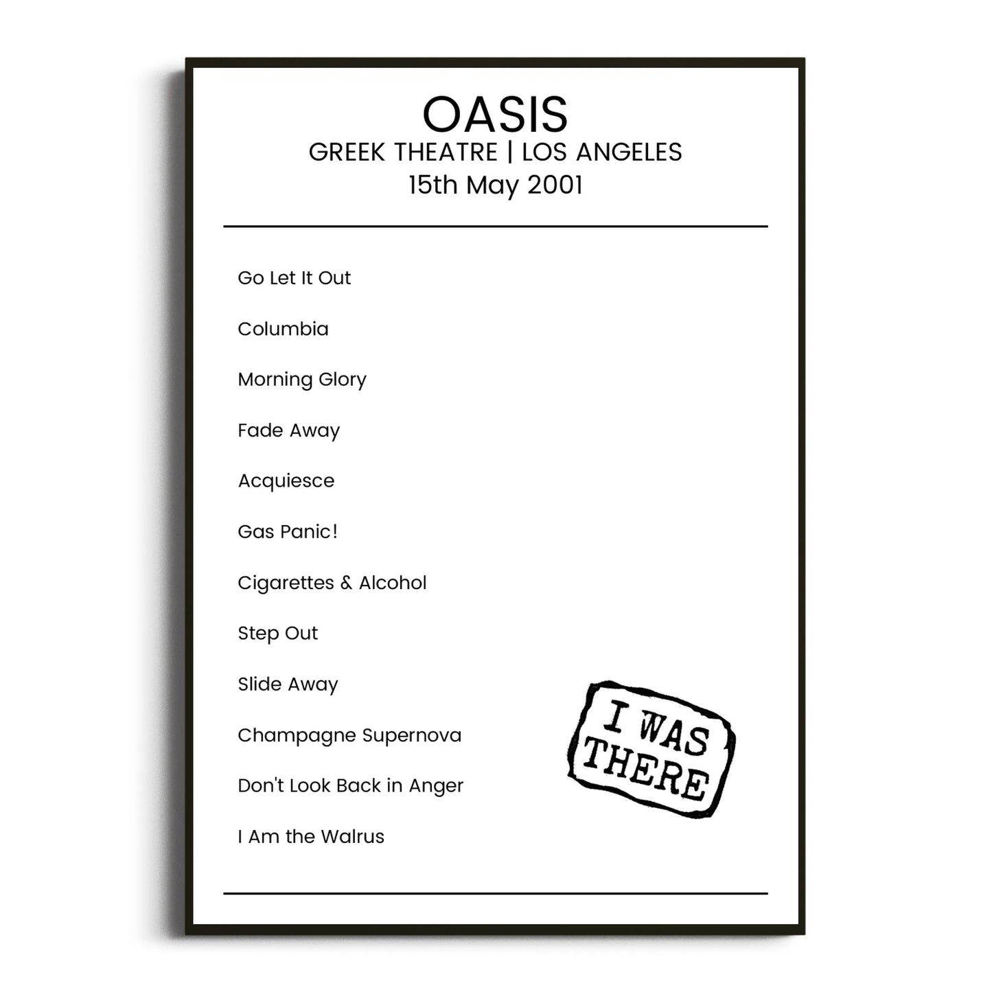 Oasis Los Angeles 15 May 2001 Setlist Poster