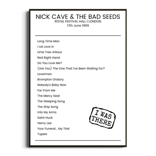 Nick Cave & the Bad Seeds London 17 June 1999 Setlist Poster