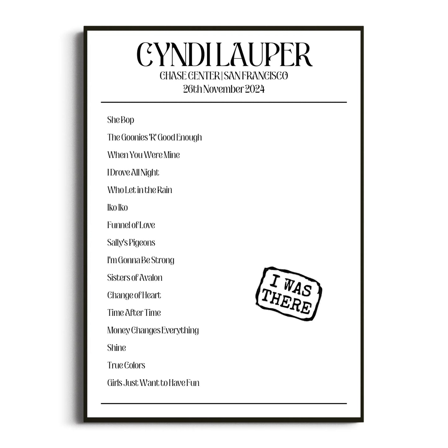 Cyndi Lauper San Francisco 26 November 2024 Setlist Poster