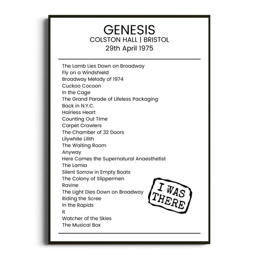 Genesis Bristol 29 April 1975 Setlist Poster