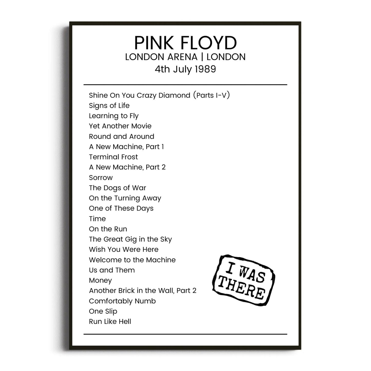 Pink Floyd London 04 July 1989 Setlist Poster