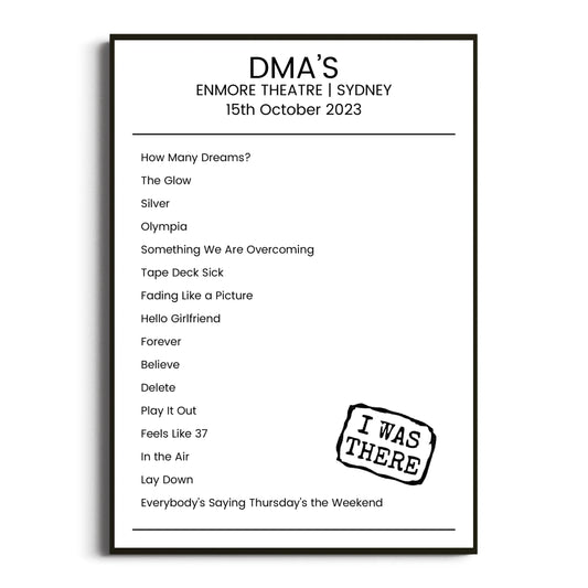 DMA’s Sydney 15 October 2023 Setlist Poster