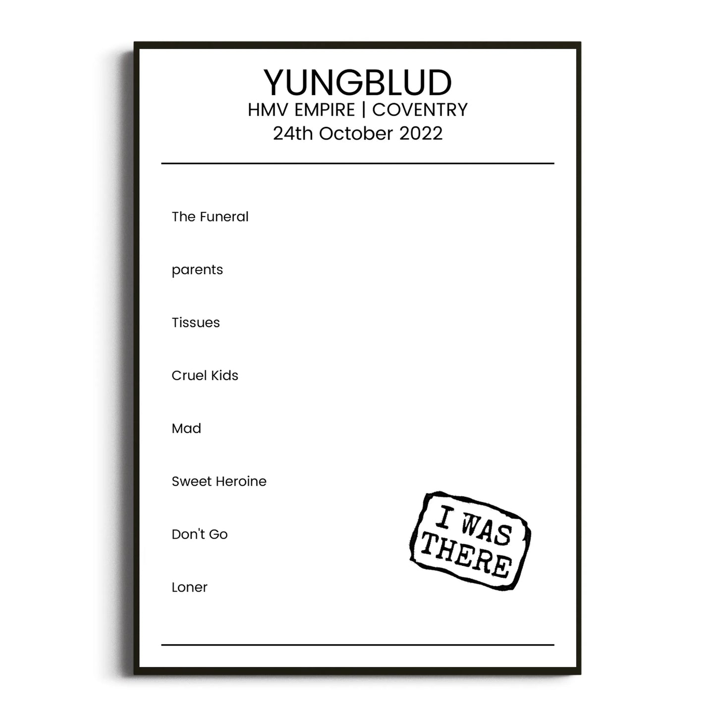 YUNGBLUD Coventry 24 October 2022 Setlist Poster