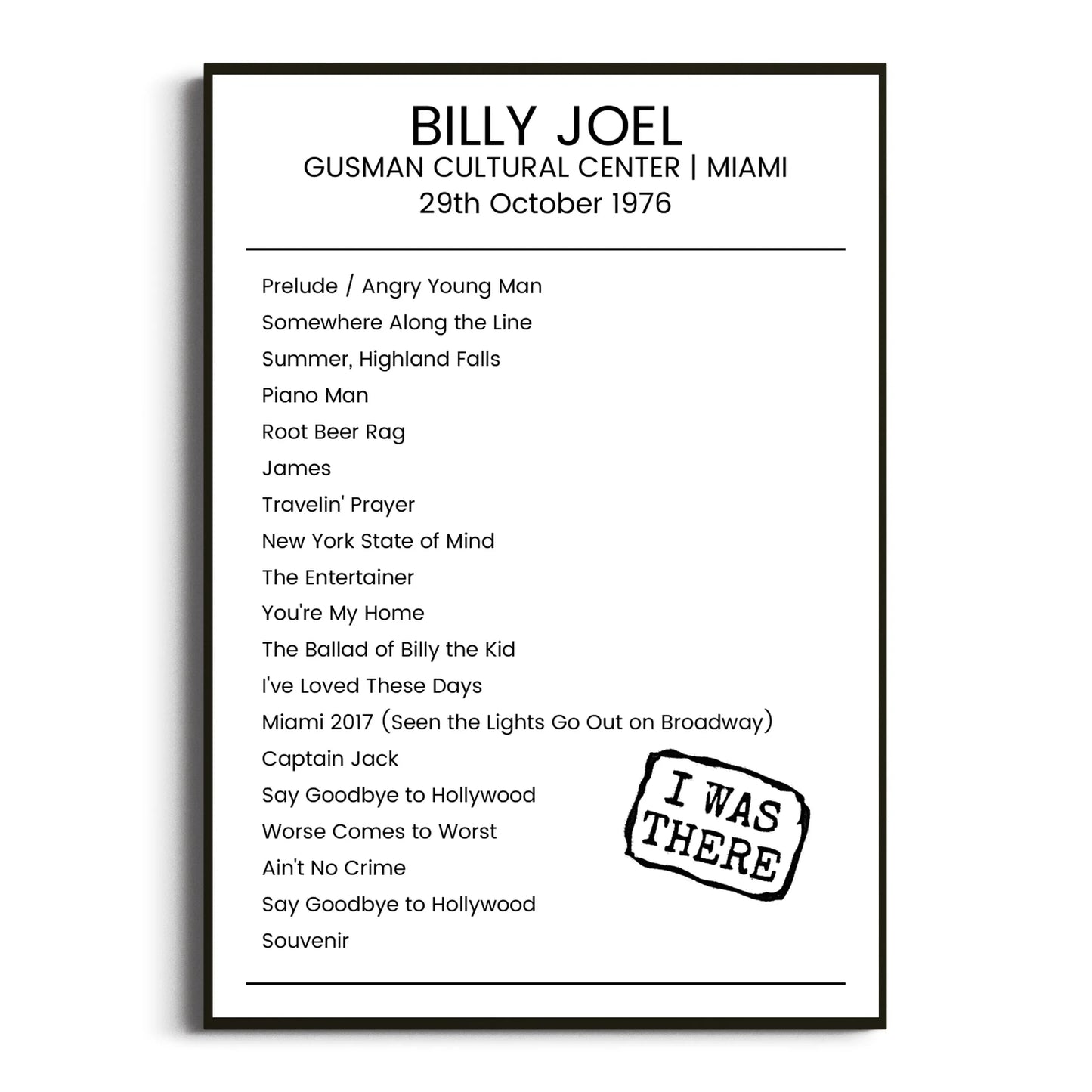 Billy Joel Miami 29 October 1976 Setlist Poster